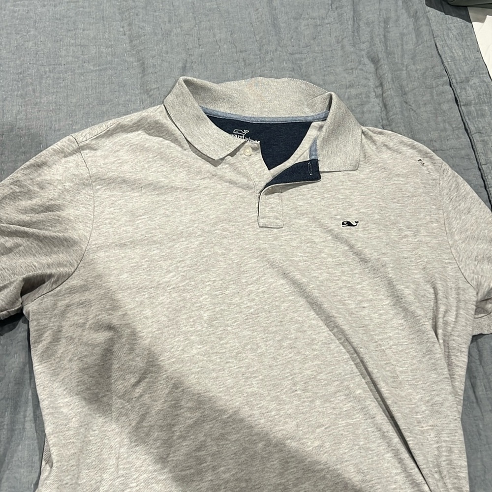 Gray collard shirt, small hole on top right sleeve